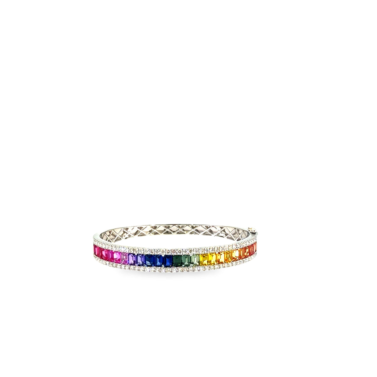 The Rainbow Row Bangle, 8.75ct Multicolor Sapphire & Diamond, 14K White Gold by Benji Designs, view 1