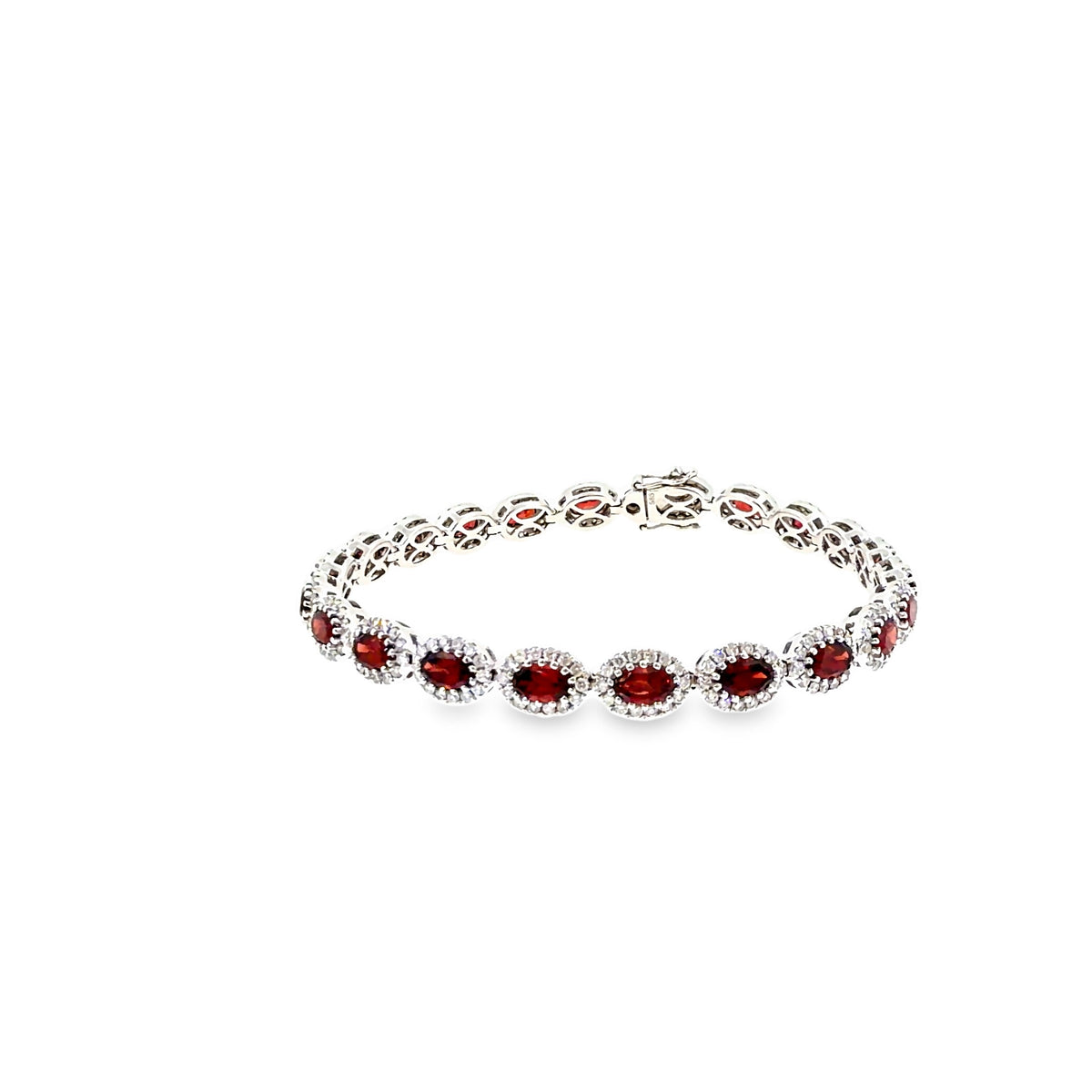 The Garnet Halo Tennis Bracelet, 8.89 ct Garnet & Diamond, 14K White Gold by Benji Designs, view 4