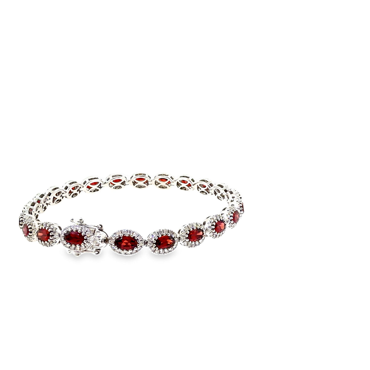 The Garnet Halo Tennis Bracelet, 8.89 ct Garnet & Diamond, 14K White Gold by Benji Designs, view 6