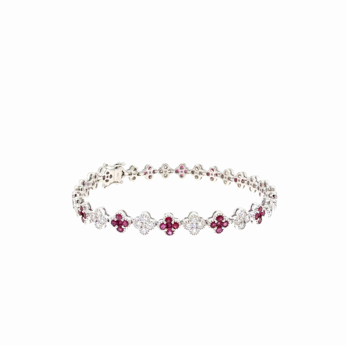 The Ruby Clover Bracelet, 3.00ct Ruby & Diamond, 14K White Gold by Benji Designs, view 2