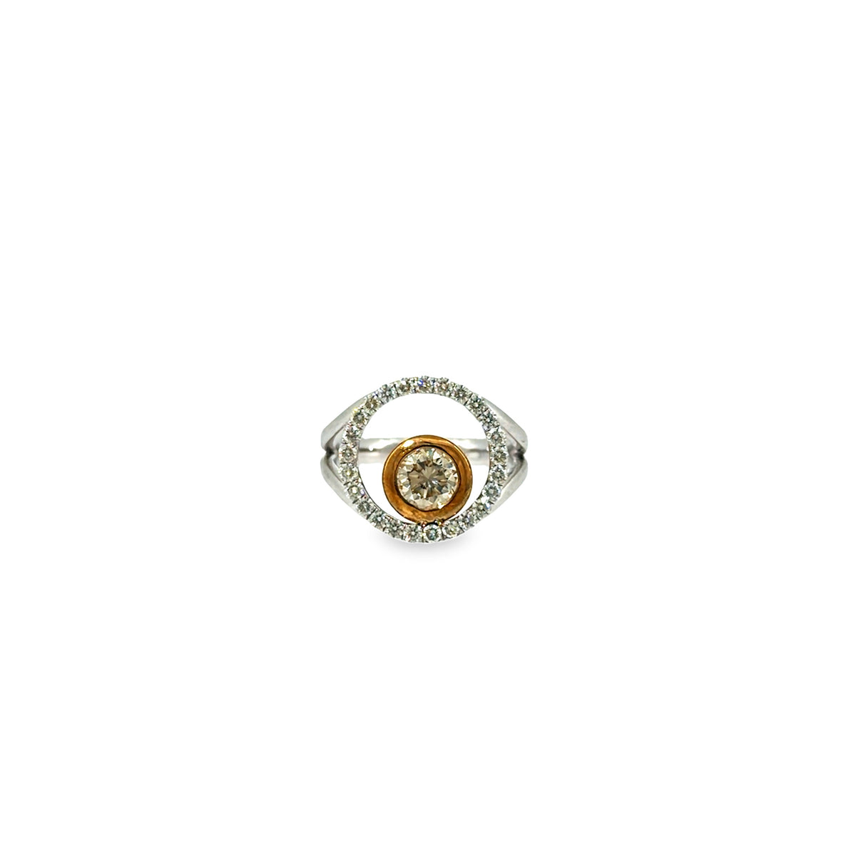 The Cognac Orbit Ring, Cognac Diamond Halo, 14K White Gold by Benji Designs, view 1