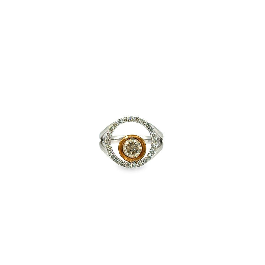 The Cognac Orbit Ring, Cognac Diamond Halo, 14K White Gold by Benji Designs, view 1