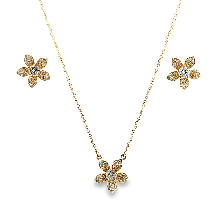 The Golden Petal Set, 1.13ct Diamond flower earrings and pendant, 14K Yellow Gold by Benji Designs, view 1