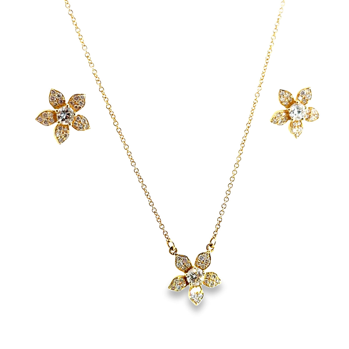 The Golden Petal Set, 1.13ct Diamond flower earrings and pendant, 14K Yellow Gold by Benji Designs, view 2