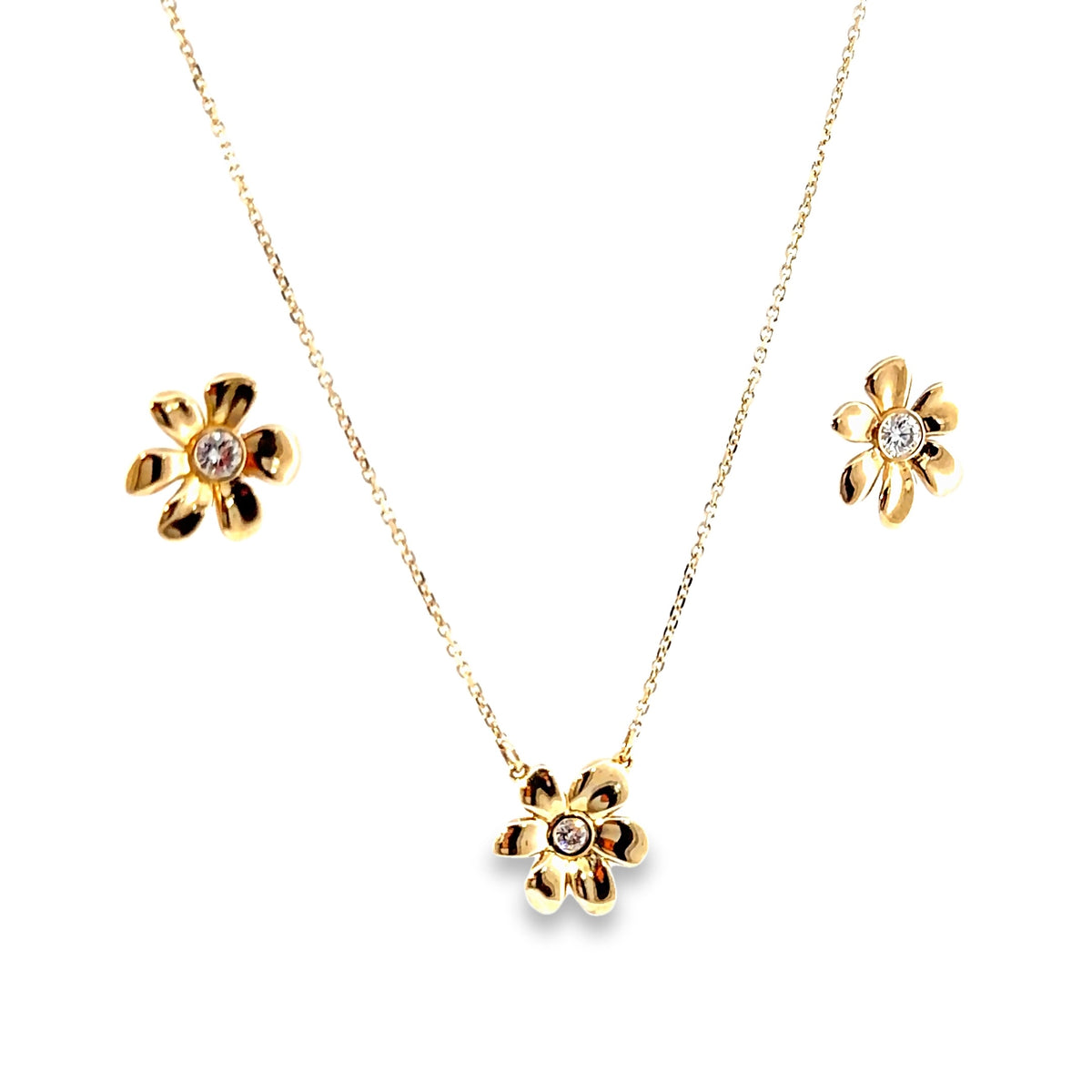 The Buttercup Set, 0.32ct Diamond flower earrings and pendant, 14K Yellow Gold by Benji Designs, view 2
