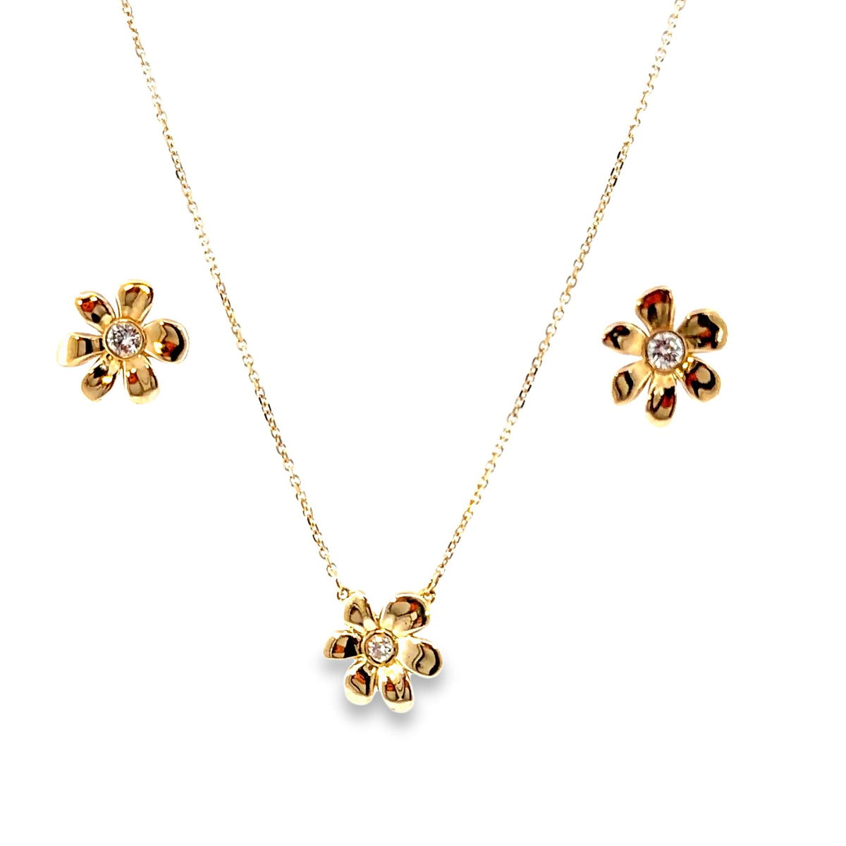 The Buttercup Set, 0.32ct Diamond flower earrings and pendant, 14K Yellow Gold by Benji Designs, view 3