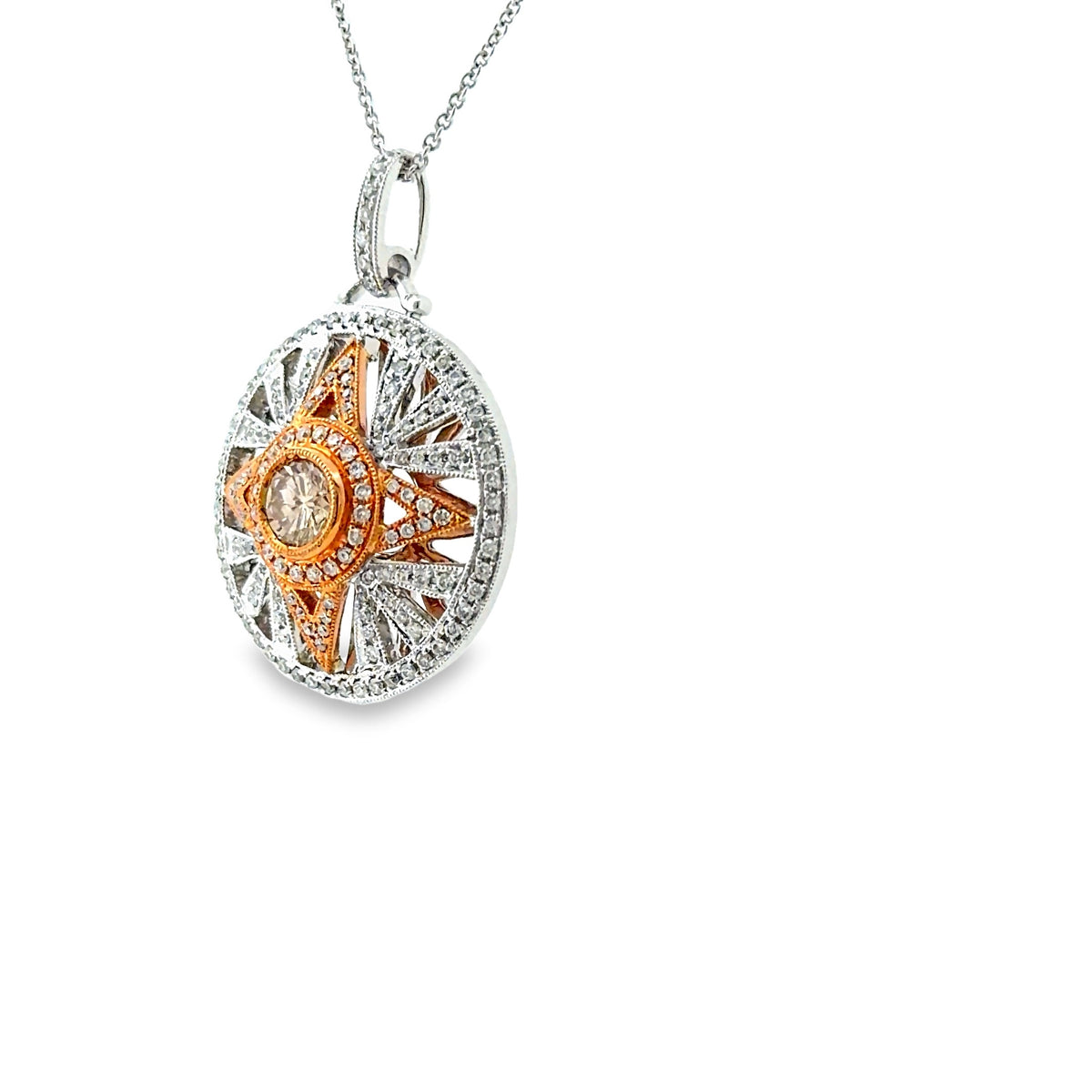 The Space City Pendant, 1.20ct Cognac & White Diamond Star Medallion Pendant, 18K White & Rose Gold by Benji Designs, view 3