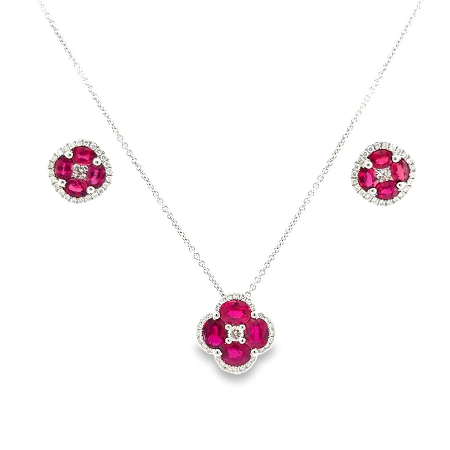 The Kir Royale Set, 4.35ct Ruby & Diamond clover pendant and stud earrings, White Gold set by Benji Designs, view 1