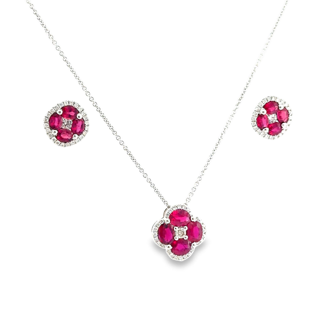 The Kir Royale Set, 4.35ct Ruby & Diamond clover pendant and stud earrings, White Gold set by Benji Designs, view 2