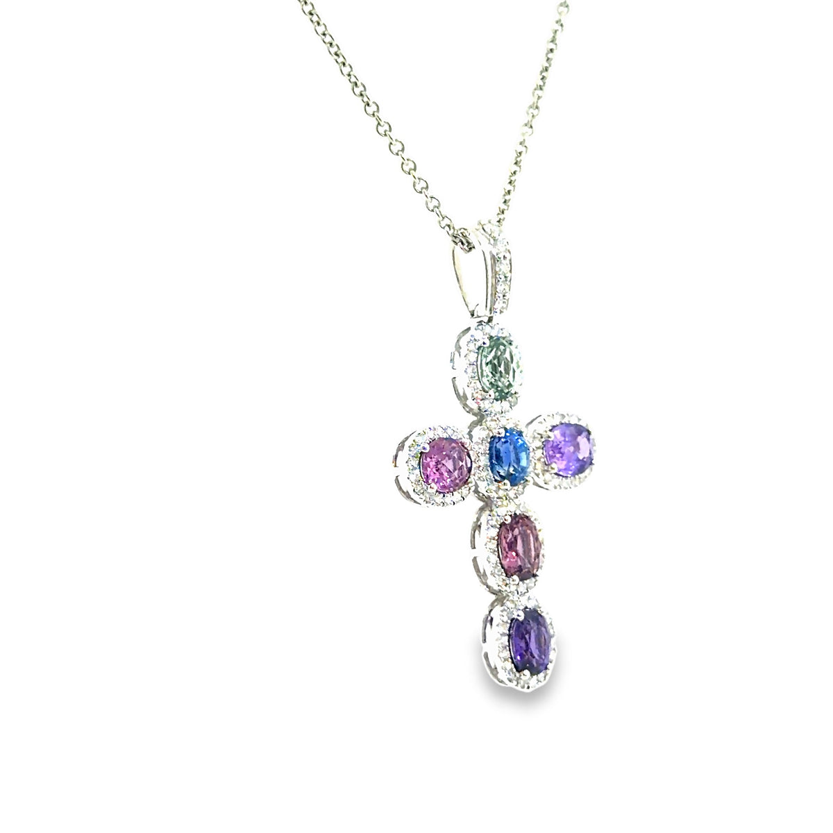 The Genevieve Cross Pendant, 5ct multi-color sapphire and 0.75ct diamond, 14K White Gold by Benji Designs, view 2