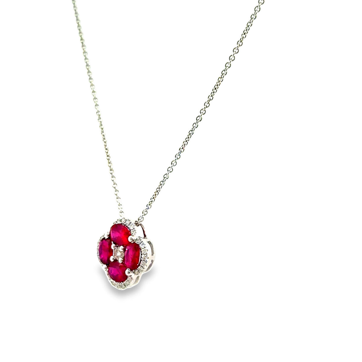 The Kir Royale Pendant, 2.00ct Ruby & 0.25ct Diamond clover pendant, 18K White Gold by Benji Designs, view 3