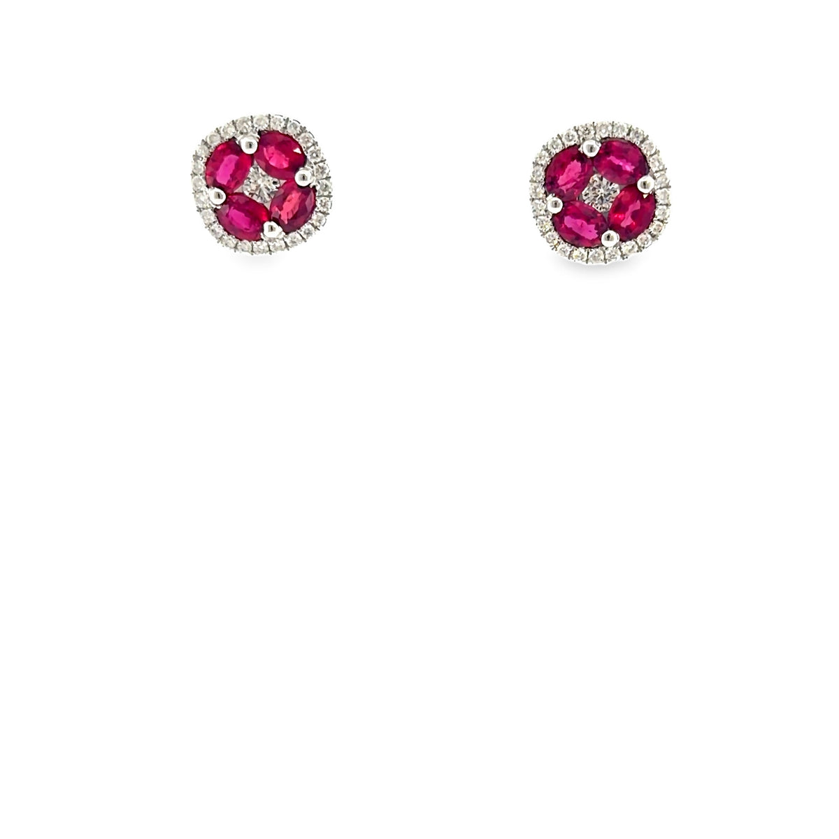The Kir Royale Studs, 1.60ct Ruby & 0.50ct Diamond clover studs, 14K White Gold by Benji Designs, view 1