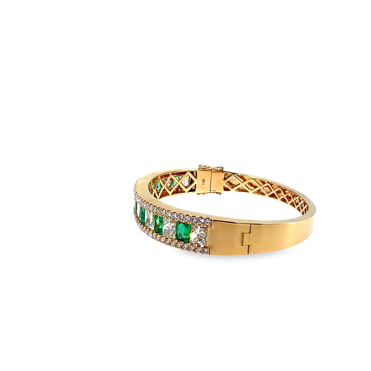 The Emerald Garden Bangle, 7.50ct Diamond & 3.50ct Emerald, 14K Yellow Gold by Benji Designs, view 2