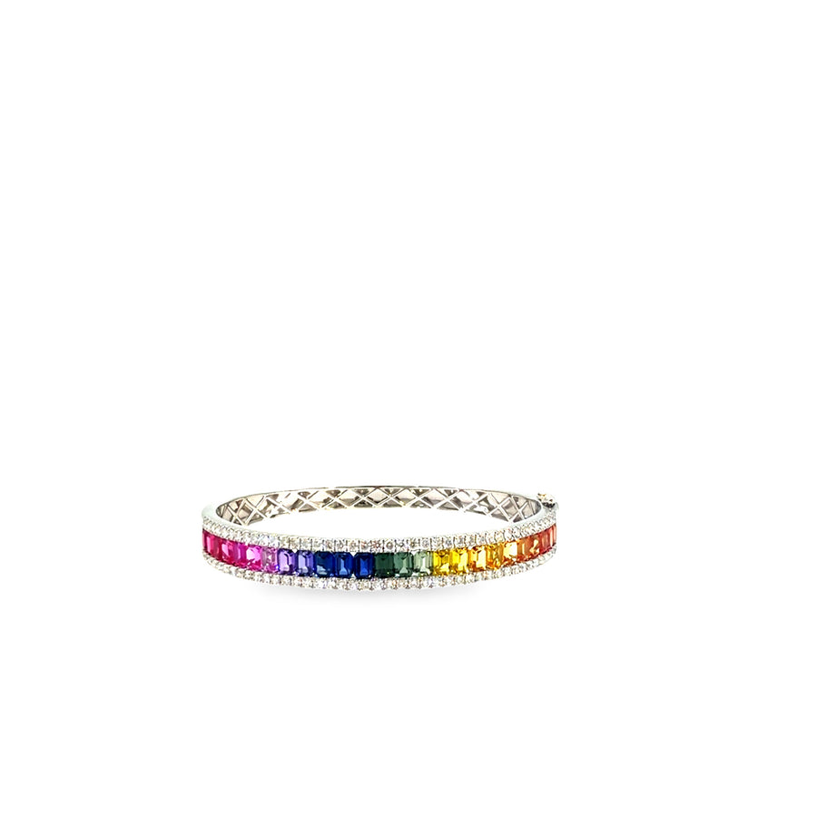 The Rainbow Row Bangle, 8.75ct Multicolor Sapphire & Diamond, 14K White Gold by Benji Designs, view 1