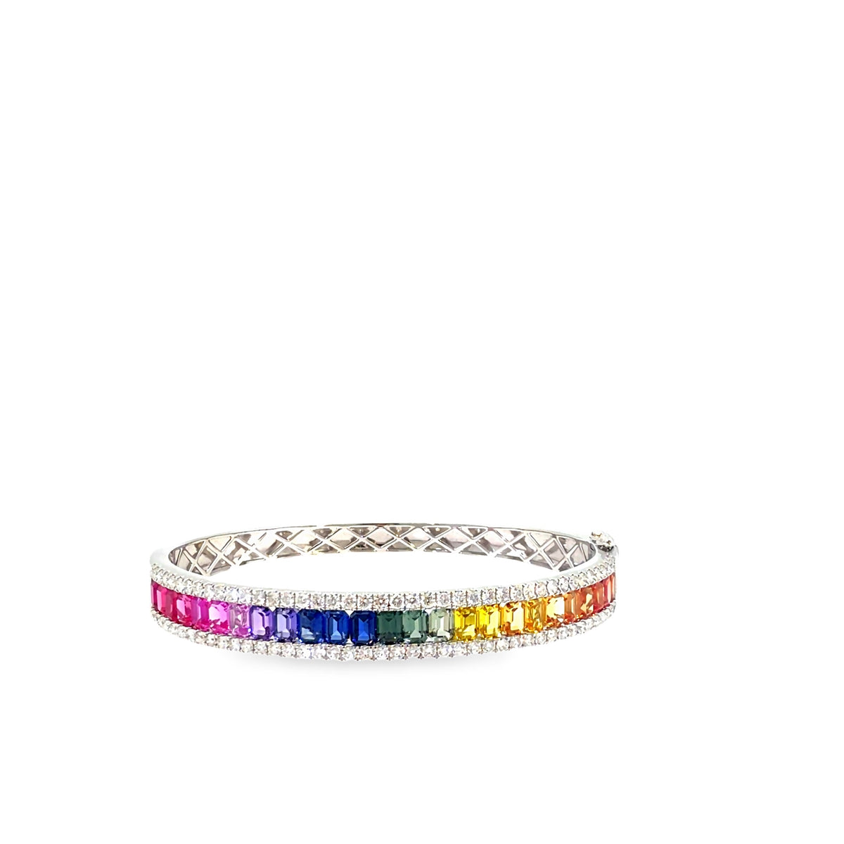 The Rainbow Row Bangle, 8.75ct Multicolor Sapphire & Diamond, 14K White Gold by Benji Designs, view 2