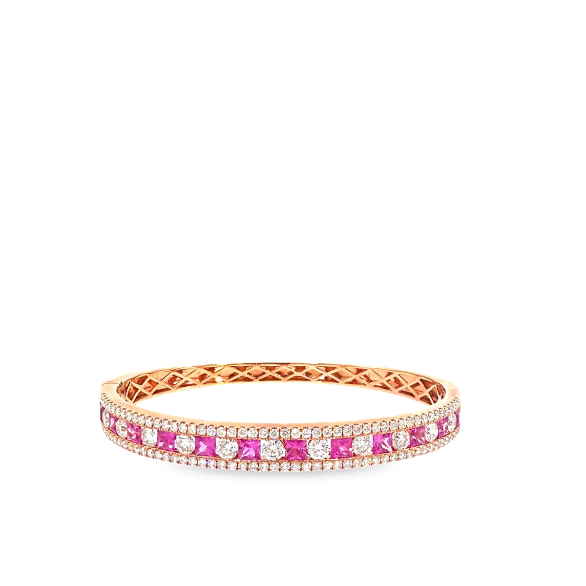 The Pink Promenade Bangle, 6.50ct Pink Sapphire & Diamond, 14K Rose Gold by Benji Designs, view 2
