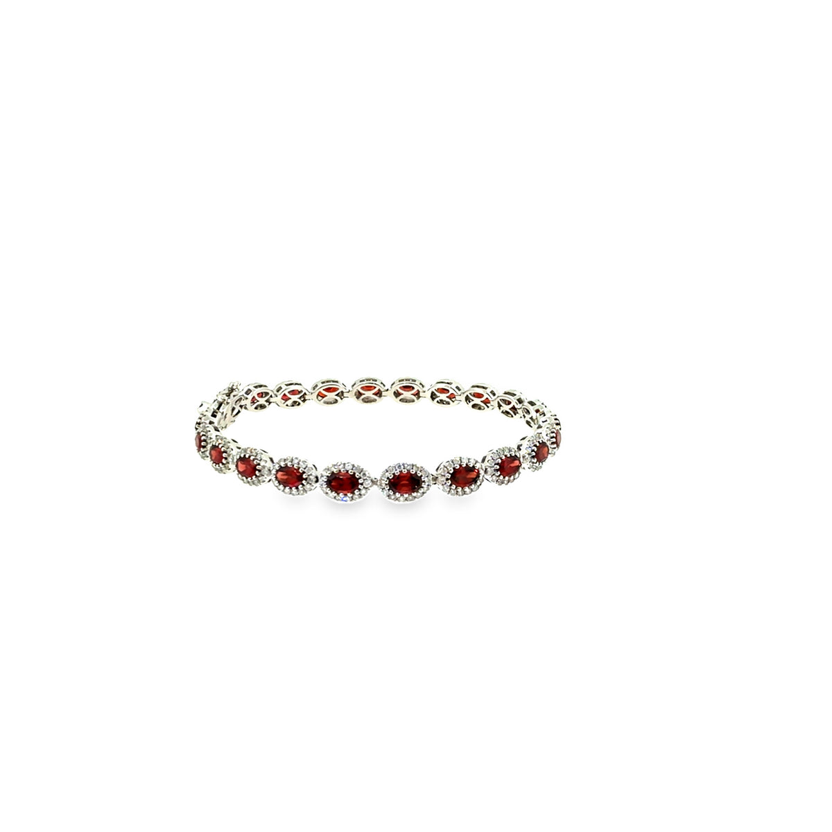 The Garnet Halo Tennis Bracelet, 8.89 ct Garnet & Diamond, 14K White Gold by Benji Designs, view 2
