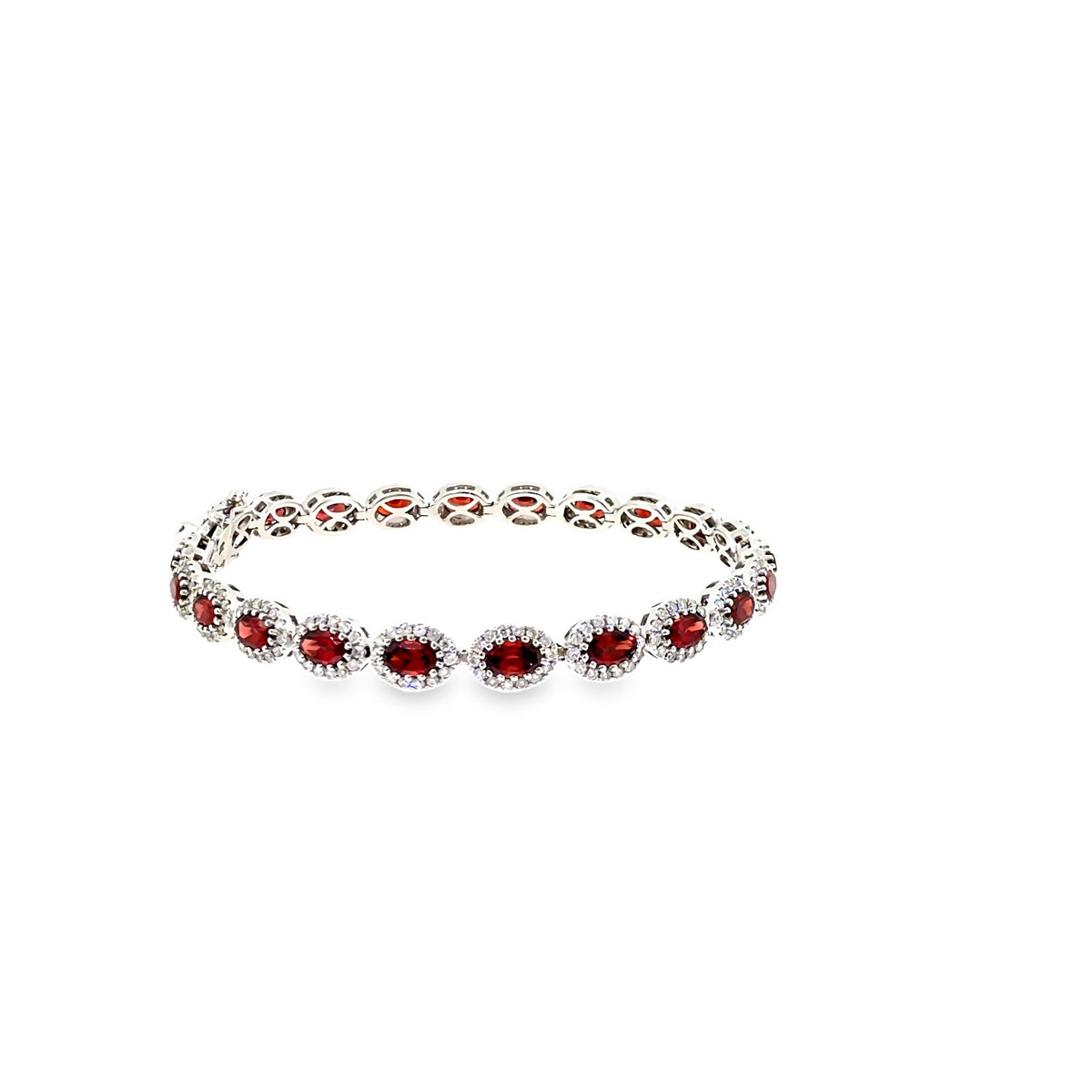 The Garnet Halo Tennis Bracelet, 8.89 ct Garnet & Diamond, 14K White Gold by Benji Designs, view 3