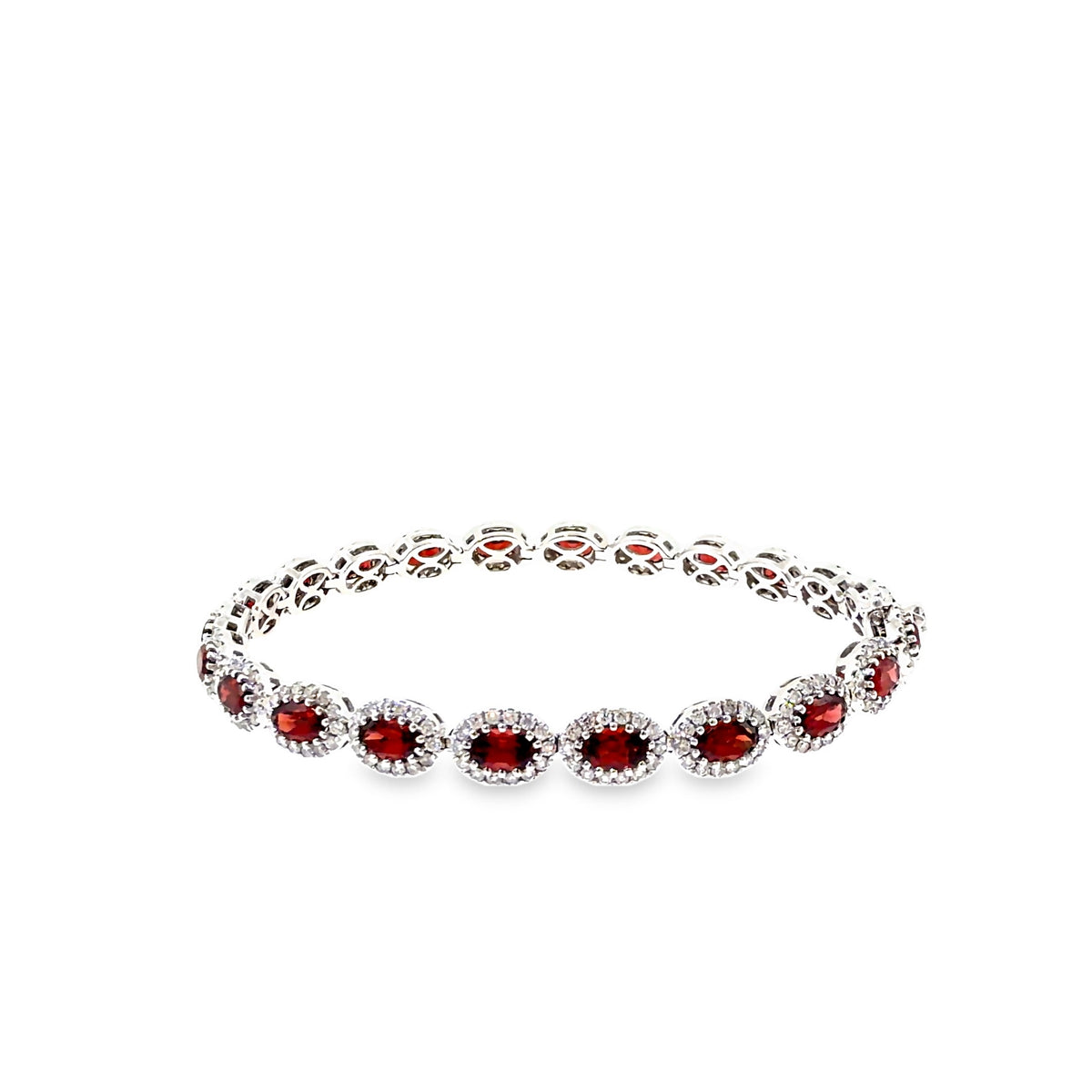 The Garnet Halo Tennis Bracelet, 8.89 ct Garnet & Diamond, 14K White Gold by Benji Designs, view 5