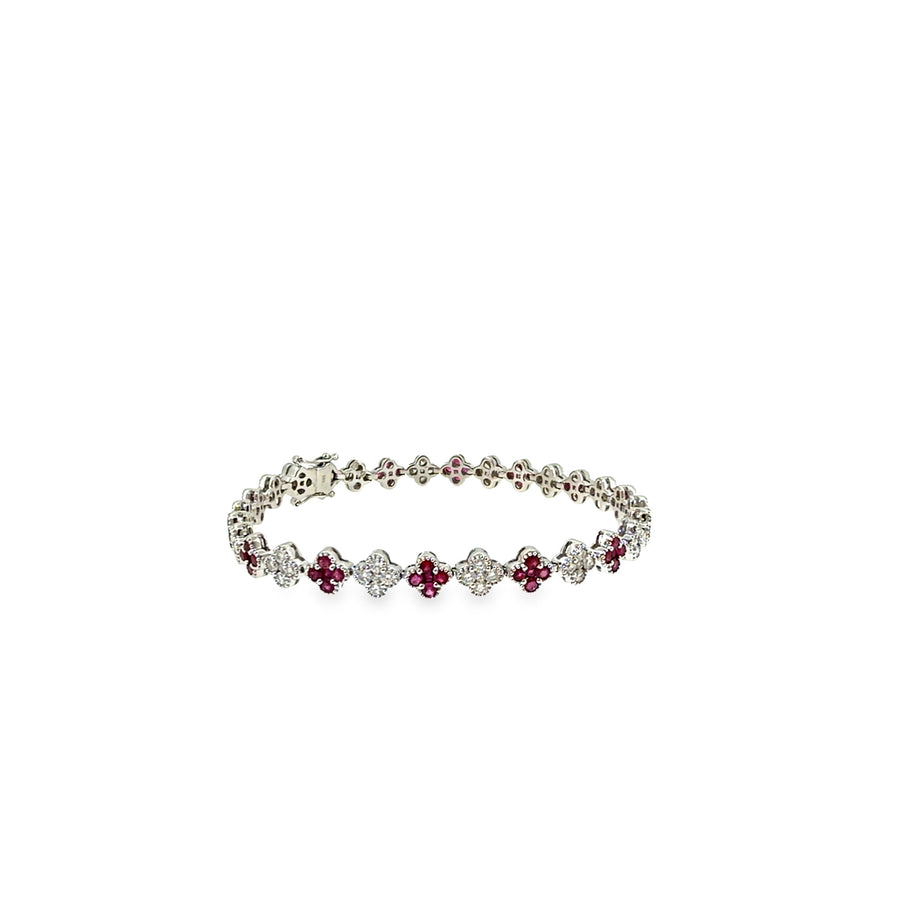 The Ruby Clover Bracelet, 3.00ct Ruby & Diamond, 14K White Gold by Benji Designs, view 1