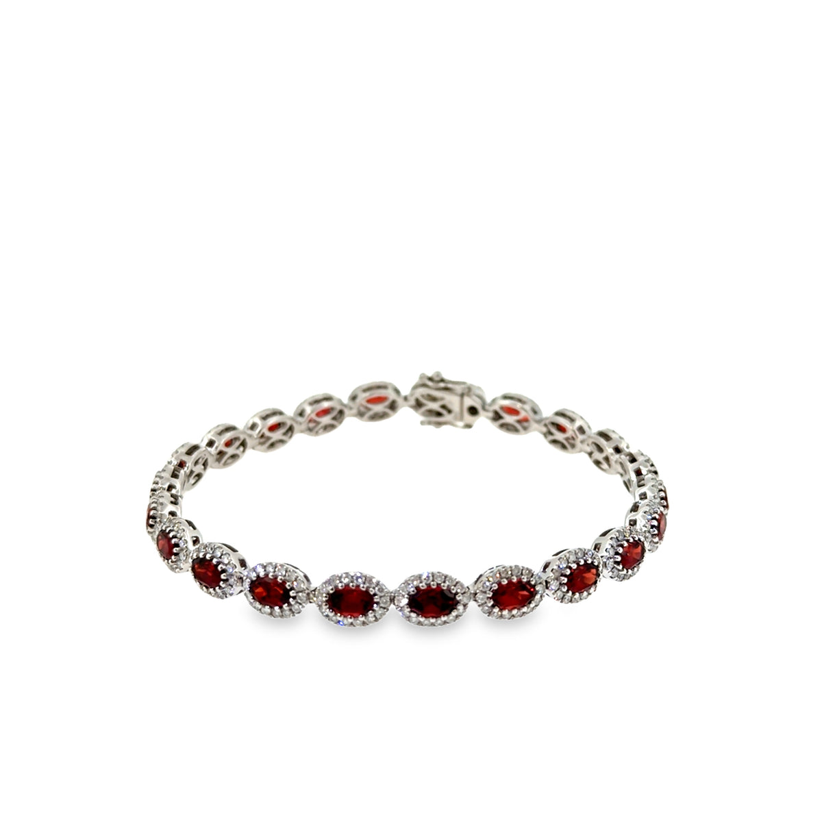 The Garnet Halo Tennis Bracelet, 8.89 ct Garnet & Diamond, 14K White Gold by Benji Designs, view 1