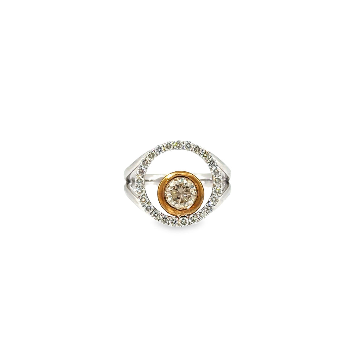 The Cognac Orbit Ring, Cognac Diamond Halo, 14K White Gold by Benji Designs, view 2