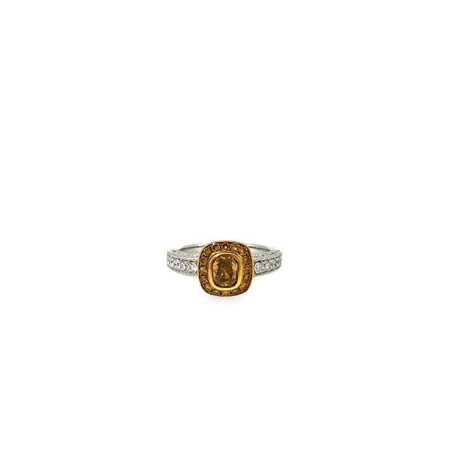 The Saffron Halo Ring, 1.70ct Brown & Yellow Diamond, 18K White Gold by Benji Designs, view 1