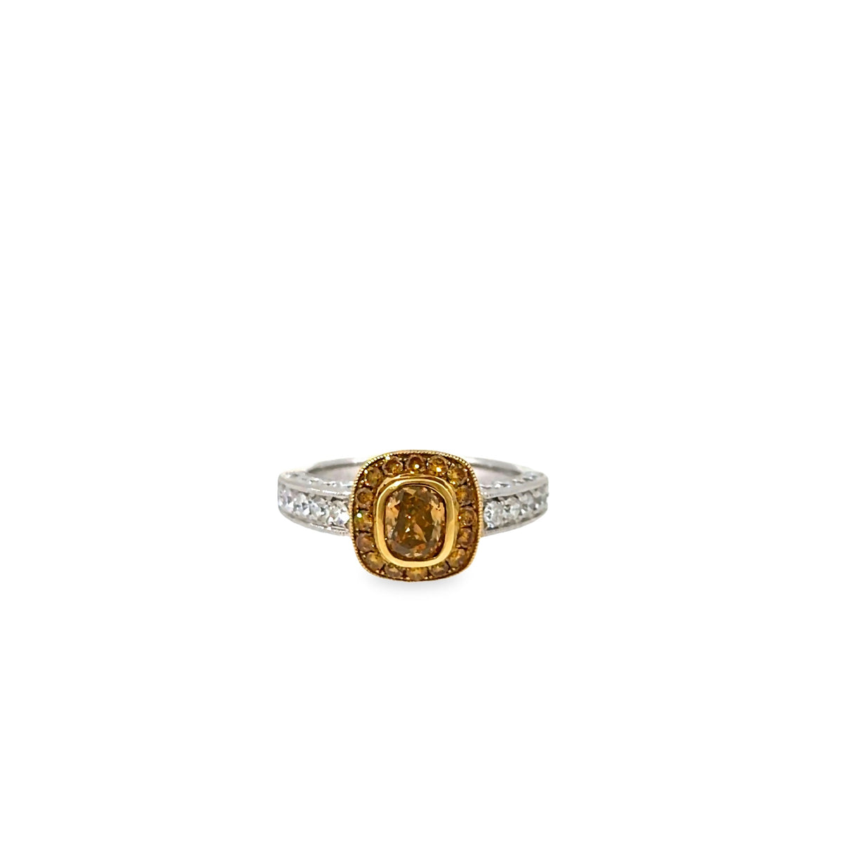 The Saffron Halo Ring, 1.70ct Brown & Yellow Diamond, 18K White Gold by Benji Designs, view 2