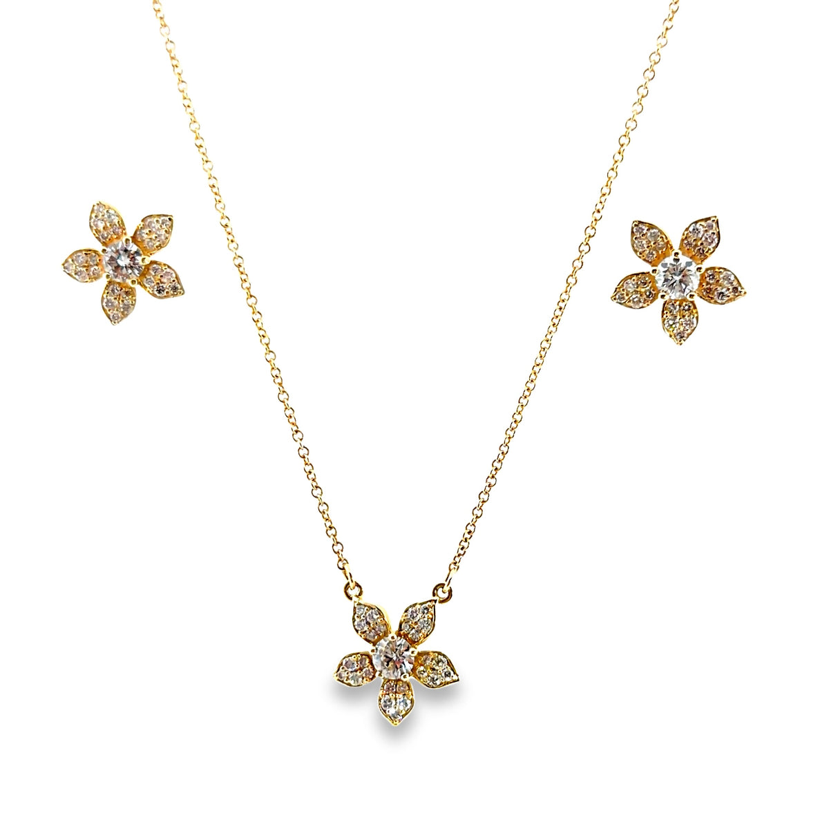 The Golden Petal Set, 1.13ct Diamond flower earrings and pendant, 14K Yellow Gold by Benji Designs, view 3