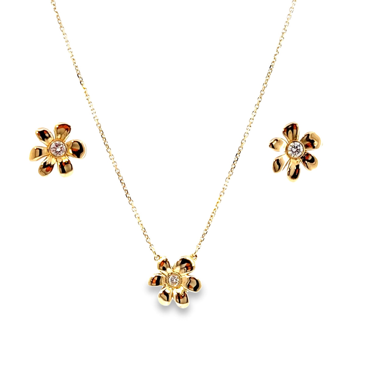 The Buttercup Set, 0.32ct Diamond flower earrings and pendant, 14K Yellow Gold by Benji Designs, view 1