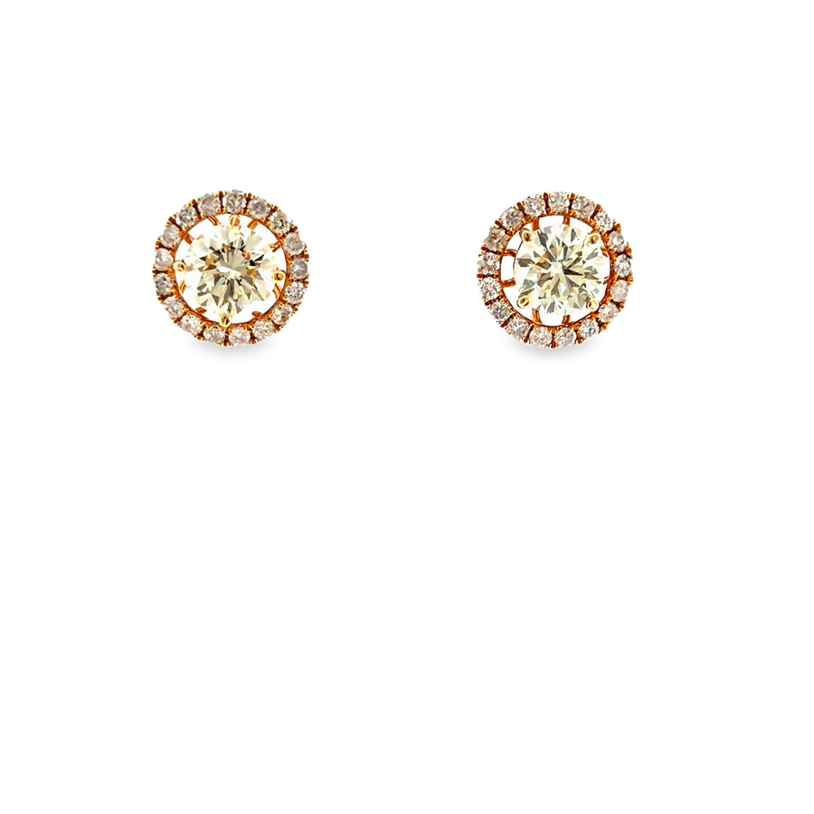 The Ember Halo Studs, 3.00ct round diamond halo, 14K Yellow Gold by Benji Designs, view 1