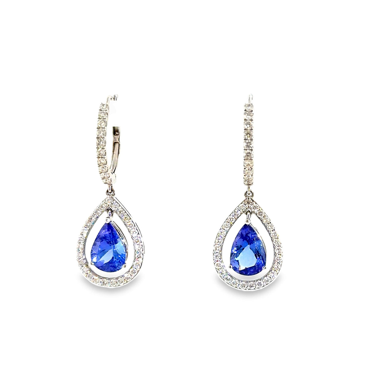The Twilight Drop Earrings, 4.00ct pear tanzanite & 1.20ct diamond, 18K White Gold by Benji Designs, view 3