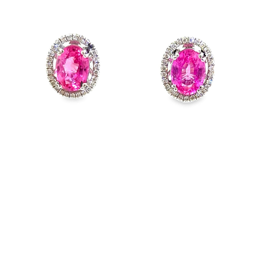 The Peony Halo Studs, 3.46ct oval pink sapphire & 0.30ct diamond, 18K White Gold by Benji Designs, view 1