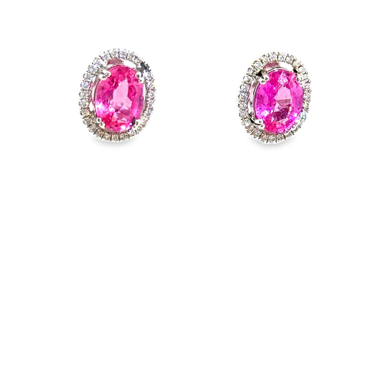 The Peony Halo Studs, 3.46ct oval pink sapphire & 0.30ct diamond, 18K White Gold by Benji Designs, view 2
