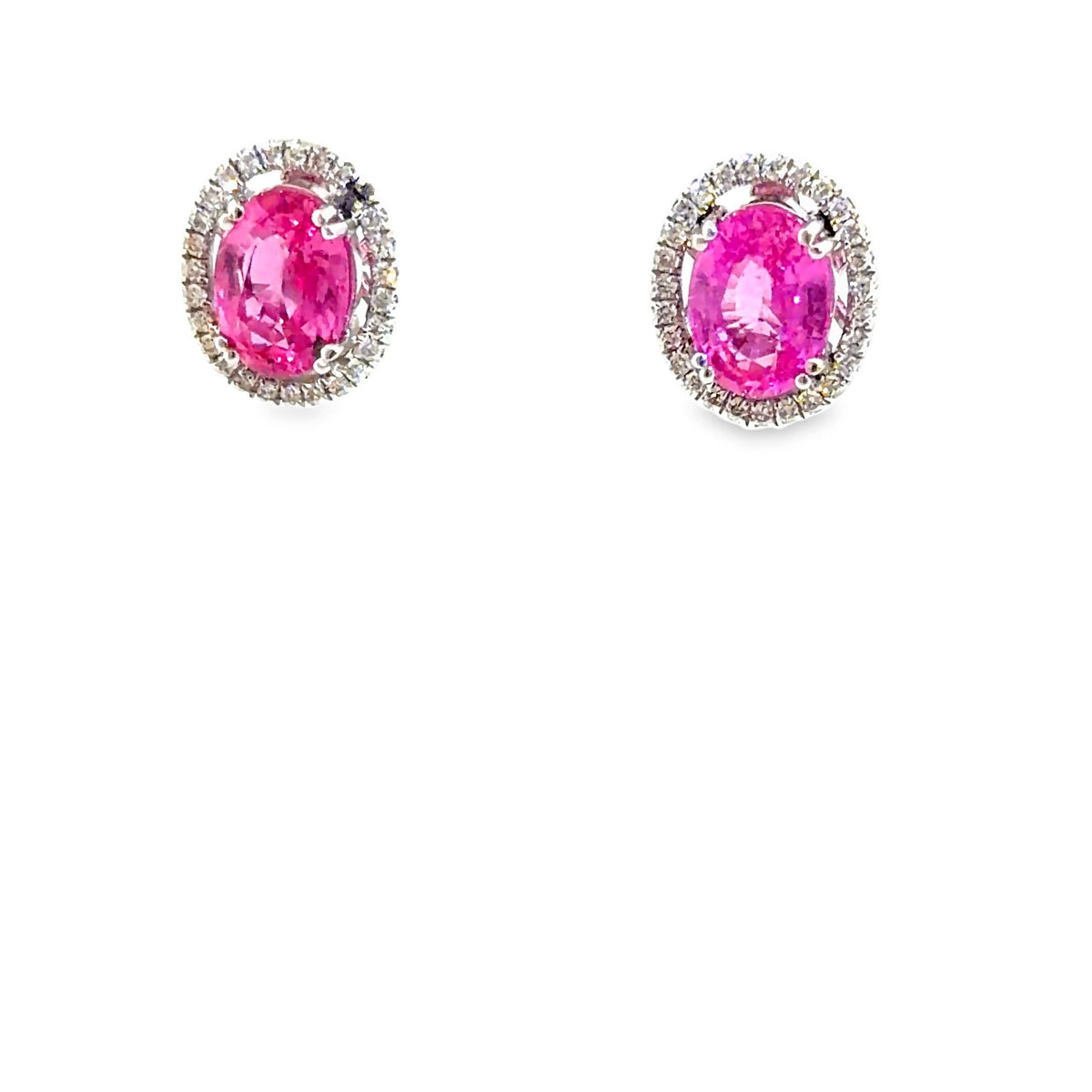 The Peony Halo Studs, 3.46ct oval pink sapphire & 0.30ct diamond, 18K White Gold by Benji Designs, view 3