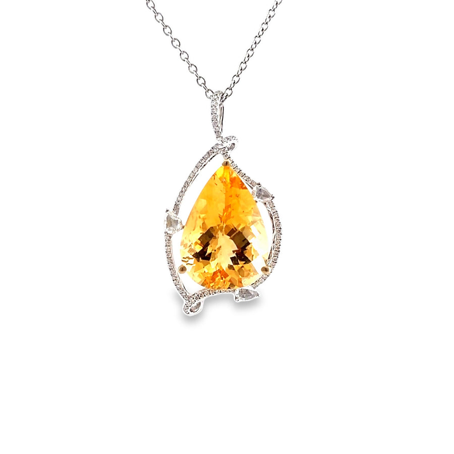 The Sidecar Pendant, 5.70ct Pear Citrine & 0.60ct Diamond Pendant, 18K White Gold by Benji Designs, view 1