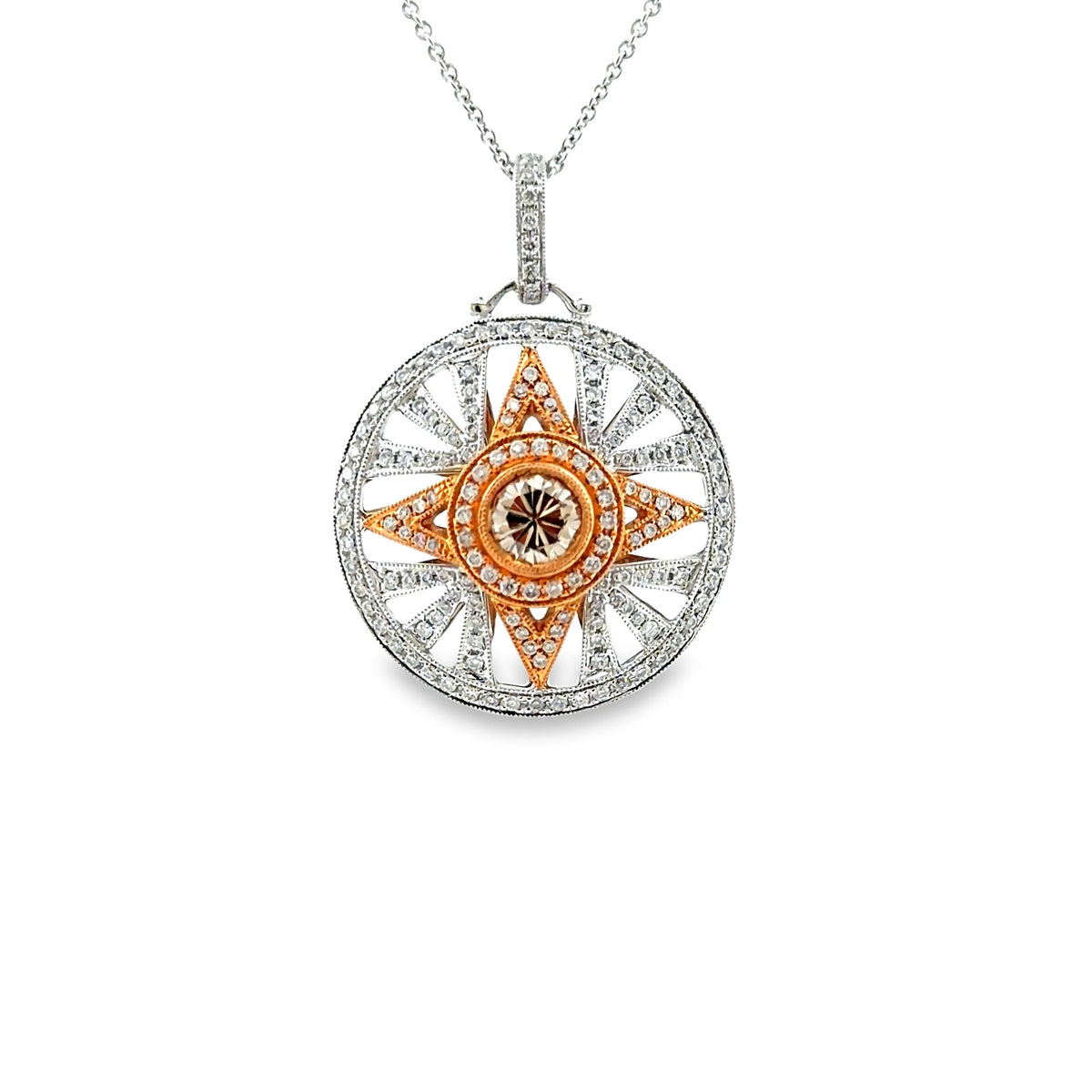 The Space City Pendant, 1.20ct Cognac & White Diamond Star Medallion Pendant, 18K White & Rose Gold by Benji Designs, view 1