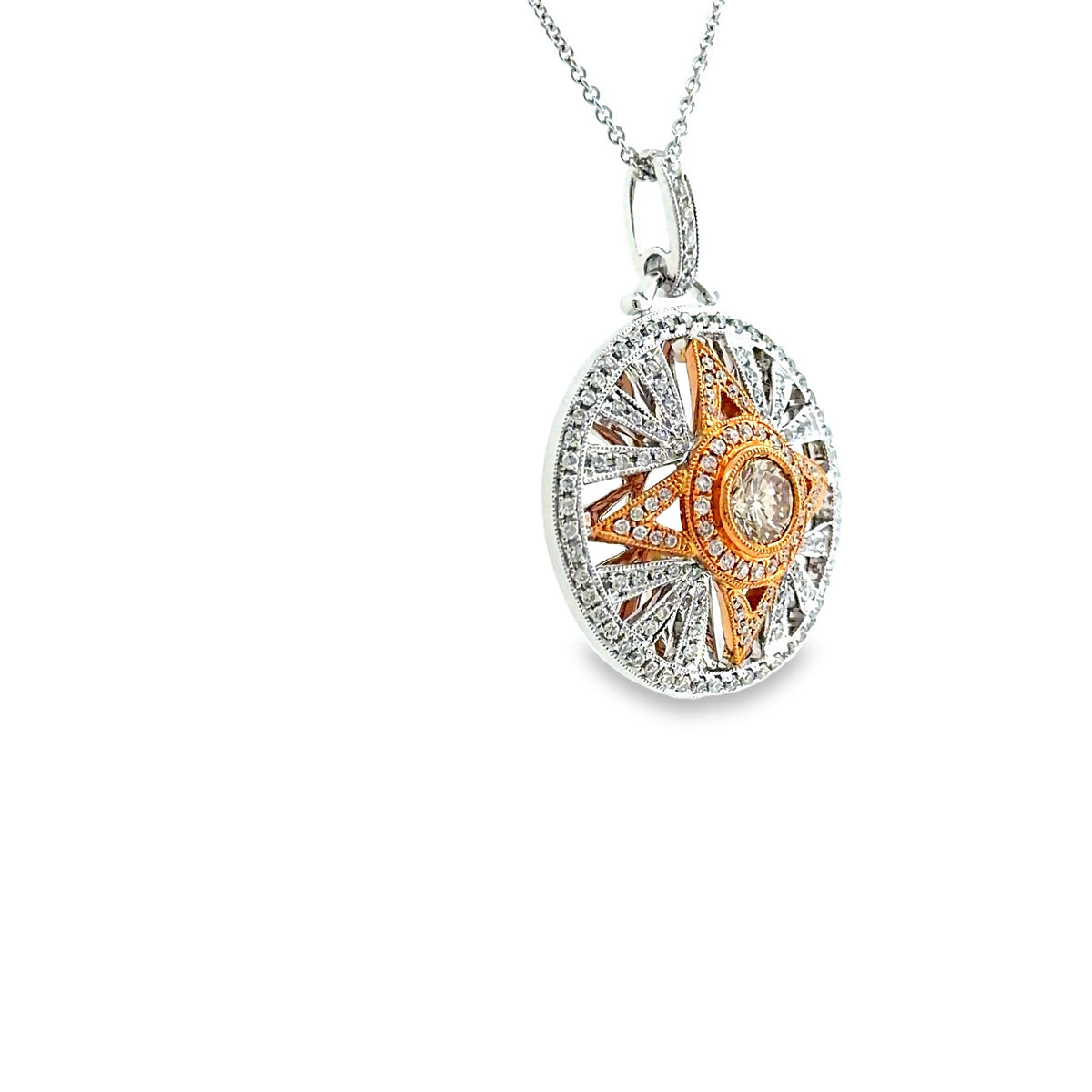 The Space City Pendant, 1.20ct Cognac & White Diamond Star Medallion Pendant, 18K White & Rose Gold by Benji Designs, view 2