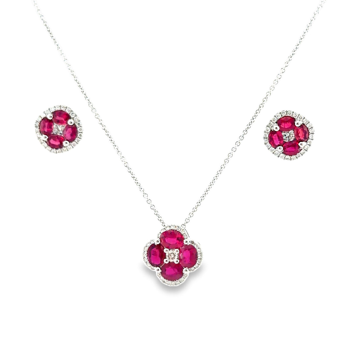 The Kir Royale Set, 4.35ct Ruby & Diamond clover pendant and stud earrings, White Gold set by Benji Designs, view 3