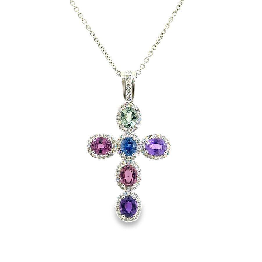 The Genevieve Cross Pendant, 5ct multi-color sapphire and 0.75ct diamond, 14K White Gold by Benji Designs, view 1