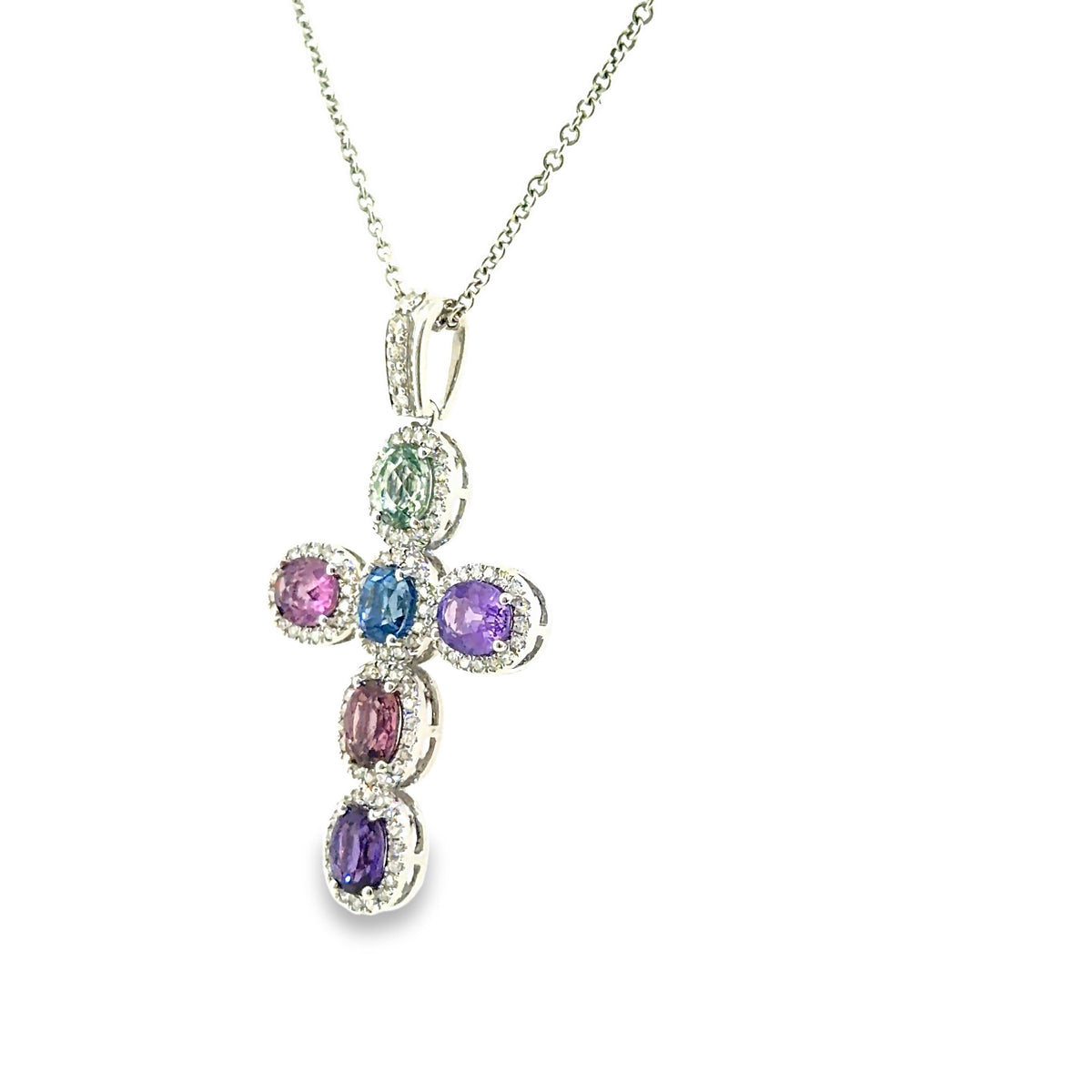 The Genevieve Cross Pendant, 5ct multi-color sapphire and 0.75ct diamond, 14K White Gold by Benji Designs, view 3