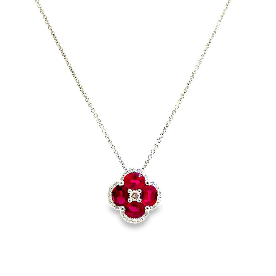 The Kir Royale Pendant, 2.00ct Ruby & 0.25ct Diamond clover pendant, 18K White Gold by Benji Designs, view 1