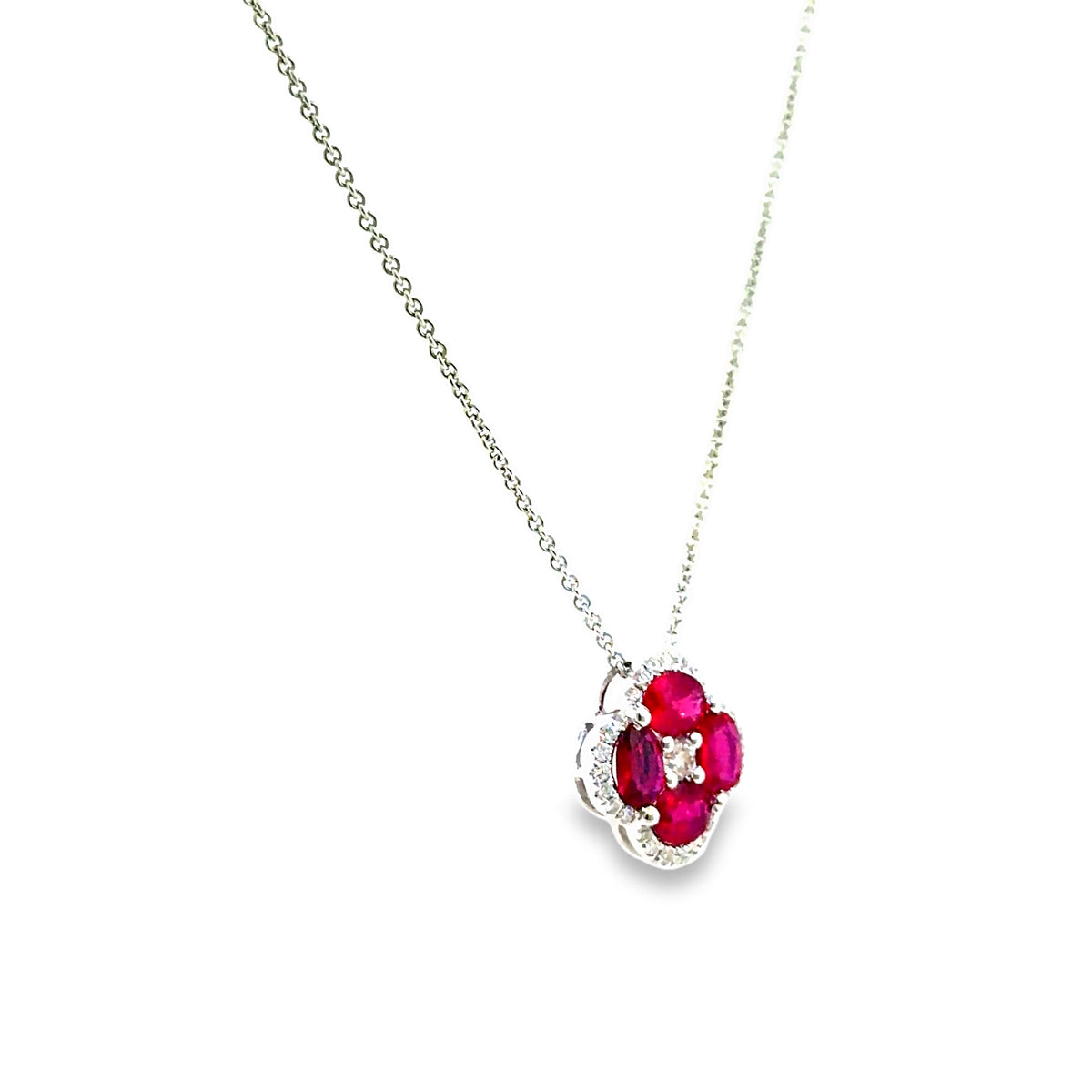 The Kir Royale Pendant, 2.00ct Ruby & 0.25ct Diamond clover pendant, 18K White Gold by Benji Designs, view 2