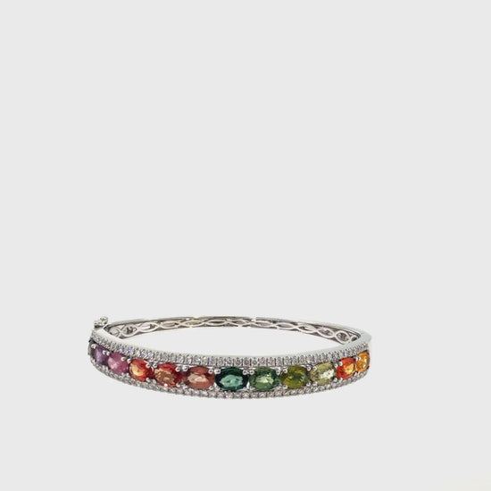 360 video of The Jewel Box Bangle, 9.25ct Multicolor Sapphire & Diamond, 14K White Gold by Benji Designs