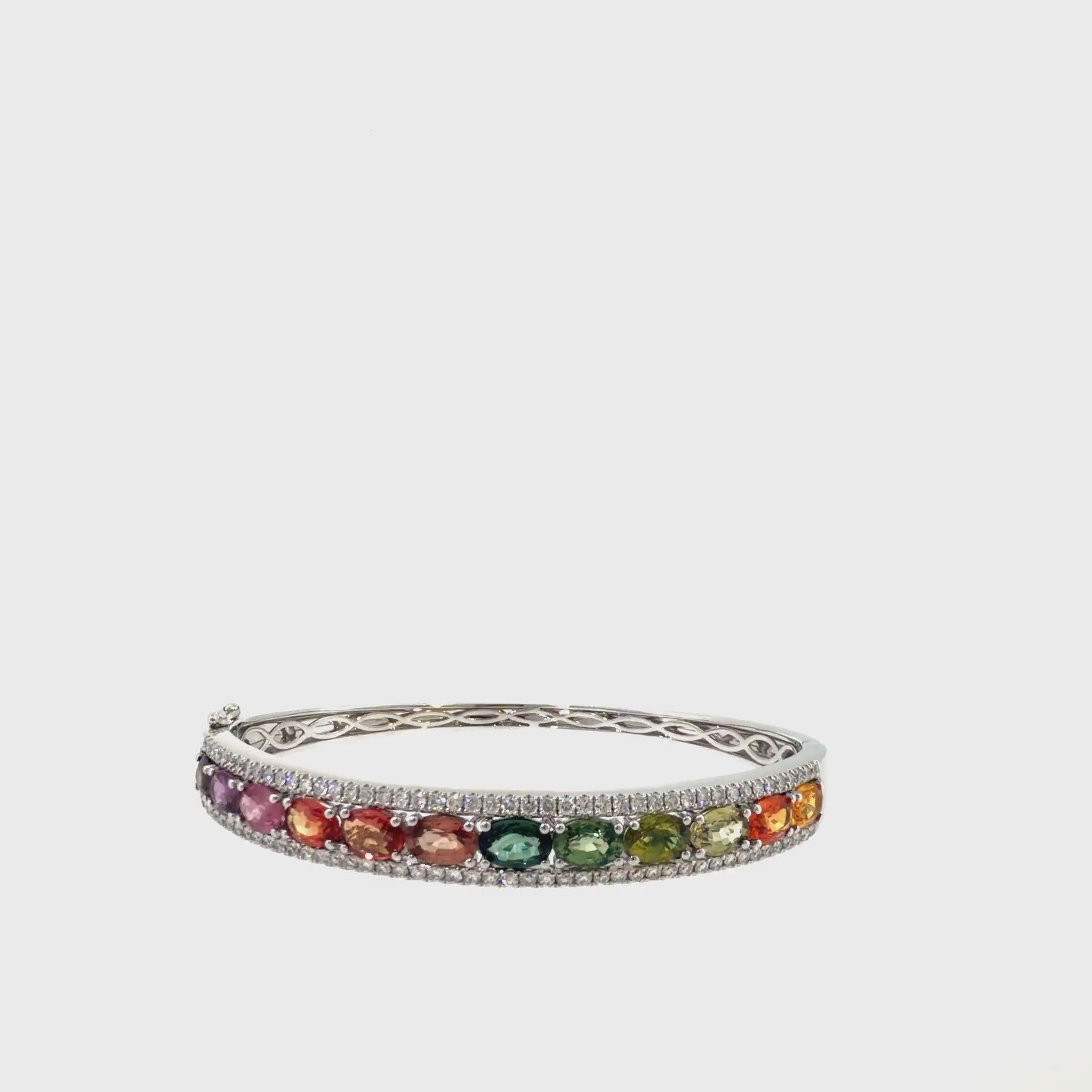 360 video of The Jewel Box Bangle, 9.25ct Multicolor Sapphire & Diamond, 14K White Gold by Benji Designs