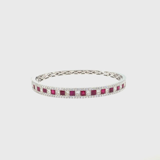 360 video of The Ruby Mosaic Bangle, 6.25ct Ruby & Diamond, 14K White Gold by Benji Designs