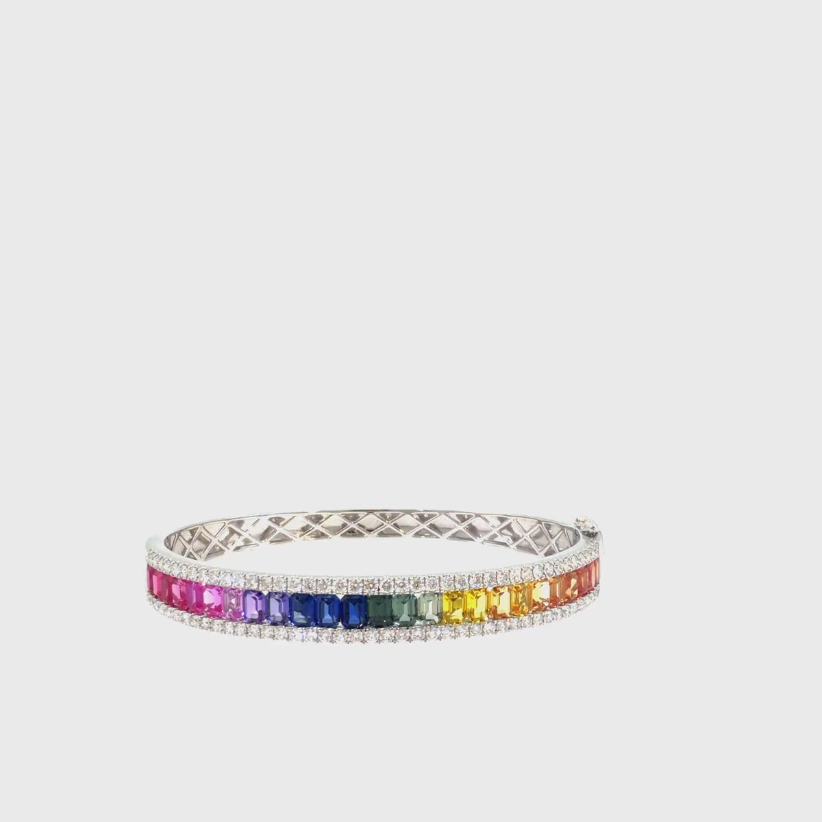 360 video of The Rainbow Row Bangle, 8.75ct Multicolor Sapphire & Diamond, 14K White Gold by Benji Designs