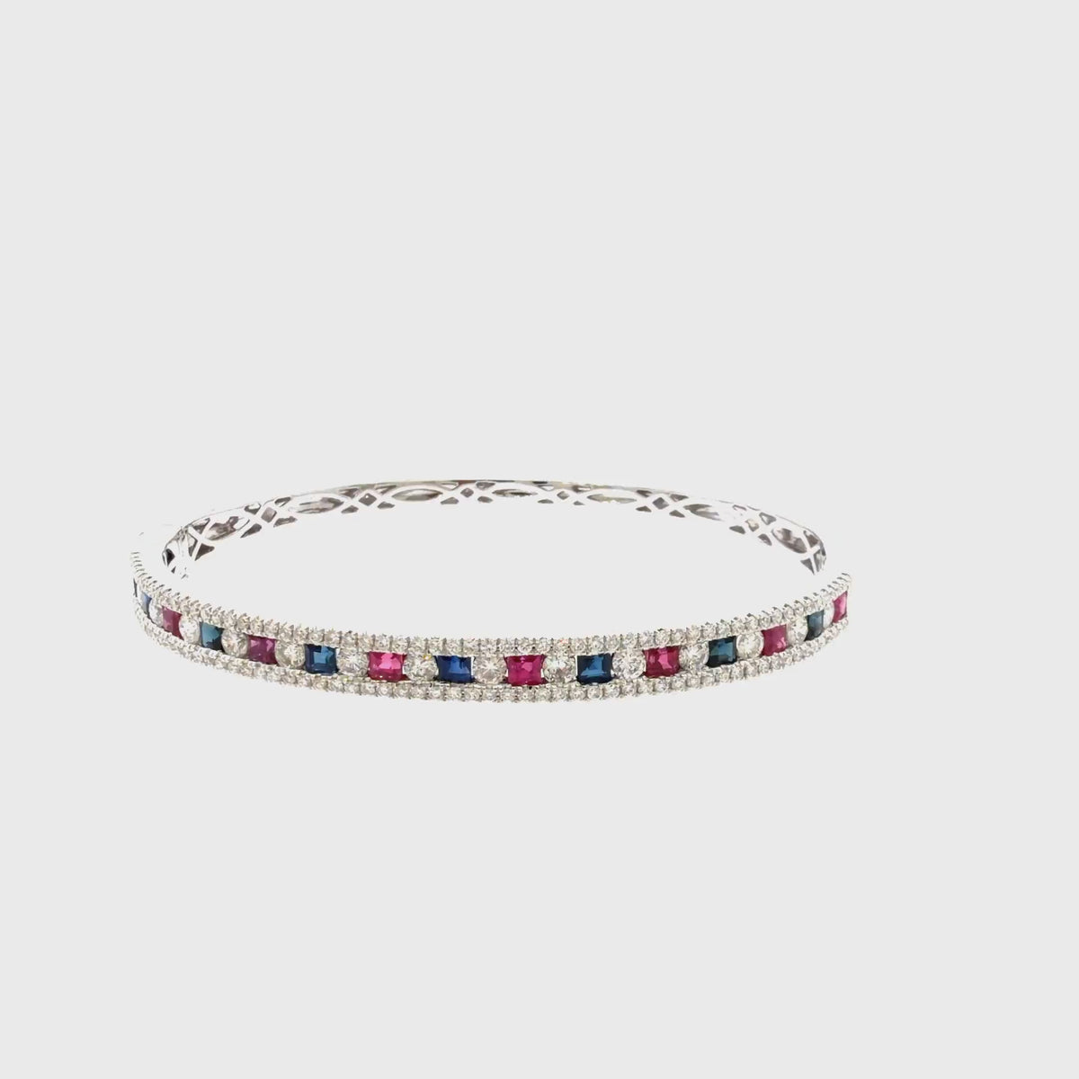 360 video of The Jubilee Bangle, 4.25ct Ruby, Sapphire & Diamond, 14K White Gold by Benji Designs