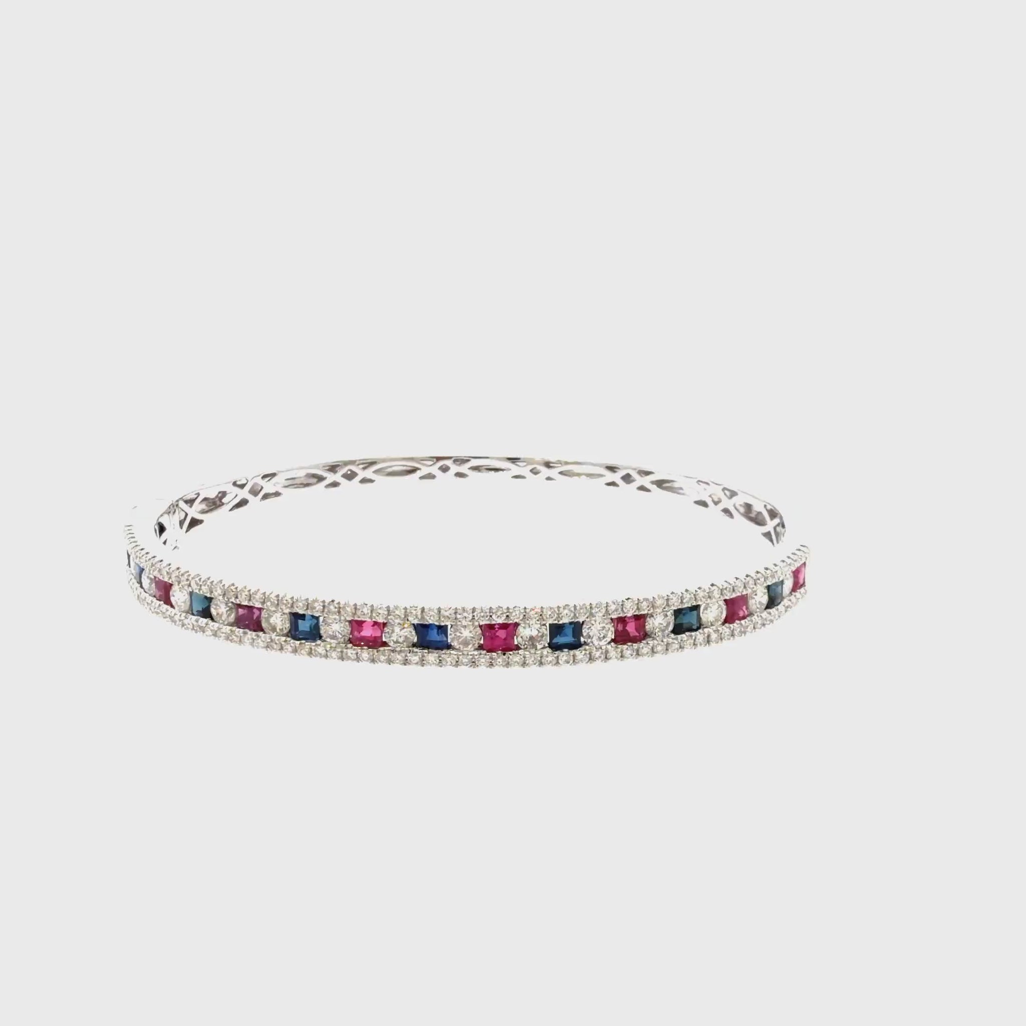 360 video of The Jubilee Bangle, 4.25ct Ruby, Sapphire & Diamond, 14K White Gold by Benji Designs