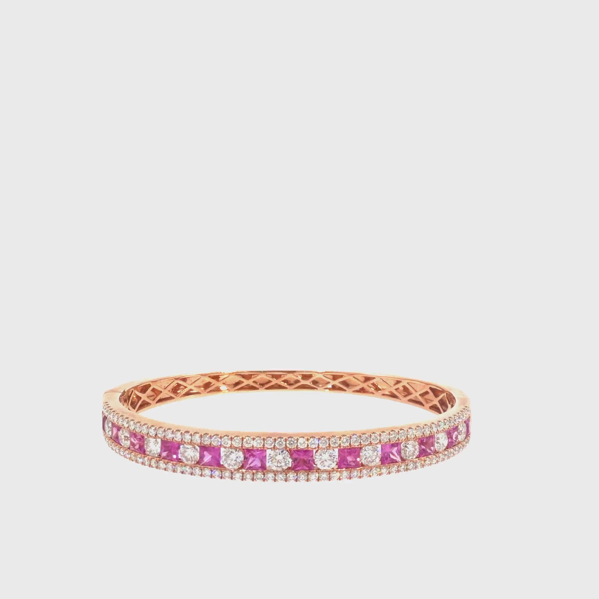 360 video of The Pink Promenade Bangle, 6.50ct Pink Sapphire & Diamond, 14K Rose Gold by Benji Designs